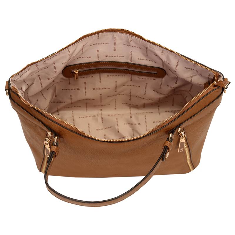 Interior da bolsa tote WJ marrom mostrando bolso interno com zíper e forro estampado